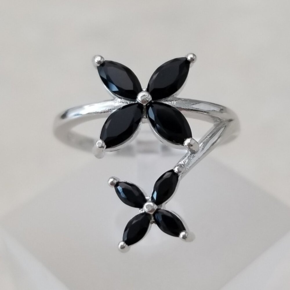 Sterling Silver Black Spinel Flower Ring